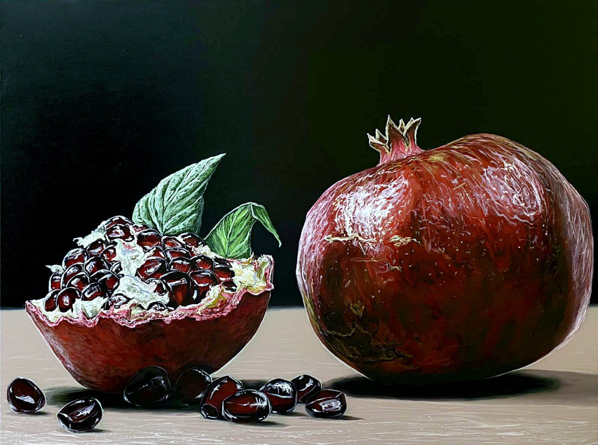 Photorealistic Still Life Oil Painting By Elena Adele Dmitrenko, 32 X 24, Pomegranate 2, Original Artwork