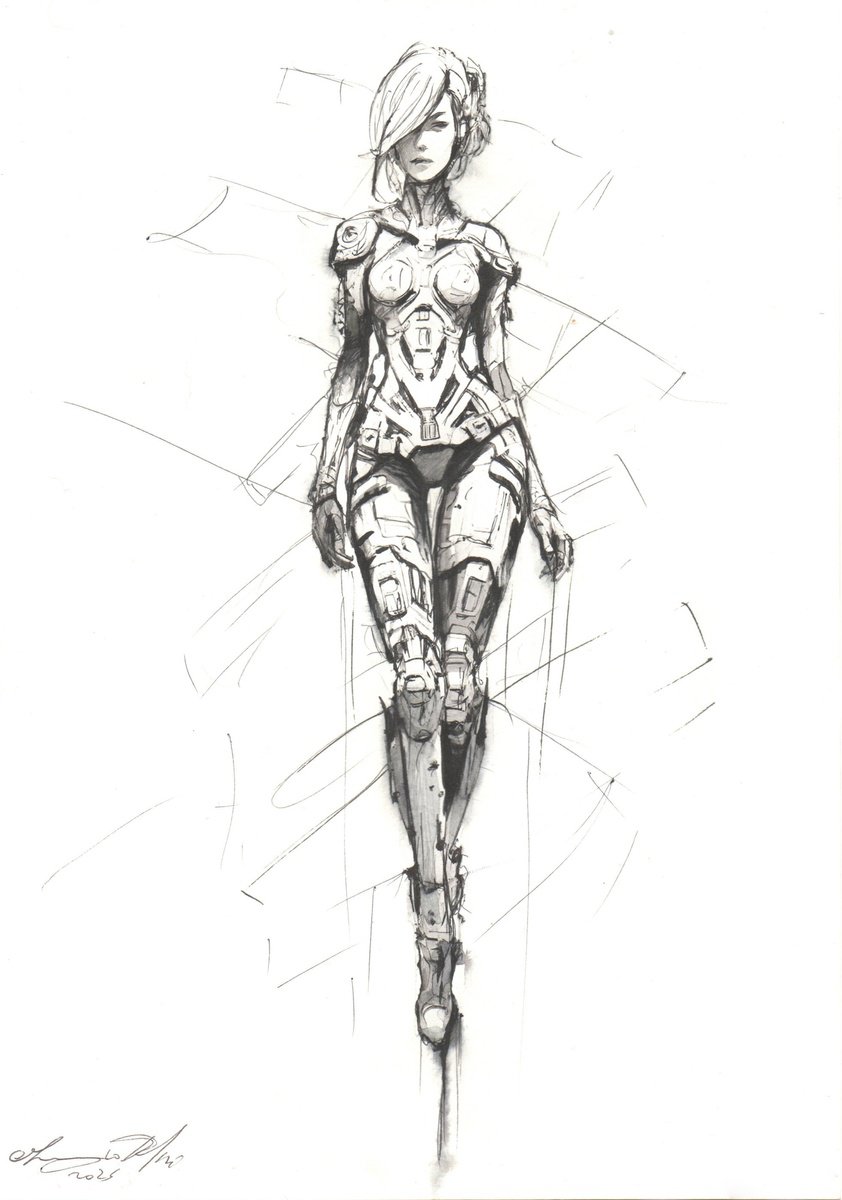 Impressionistic Portrait Ink Drawing By Maurizio Puglisi, 8 X 11", Cybertronic, Original Artwork