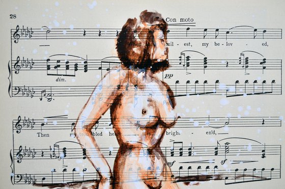 Nude 3 - Waiting - Collage Art on Vintage Music Sheet Page