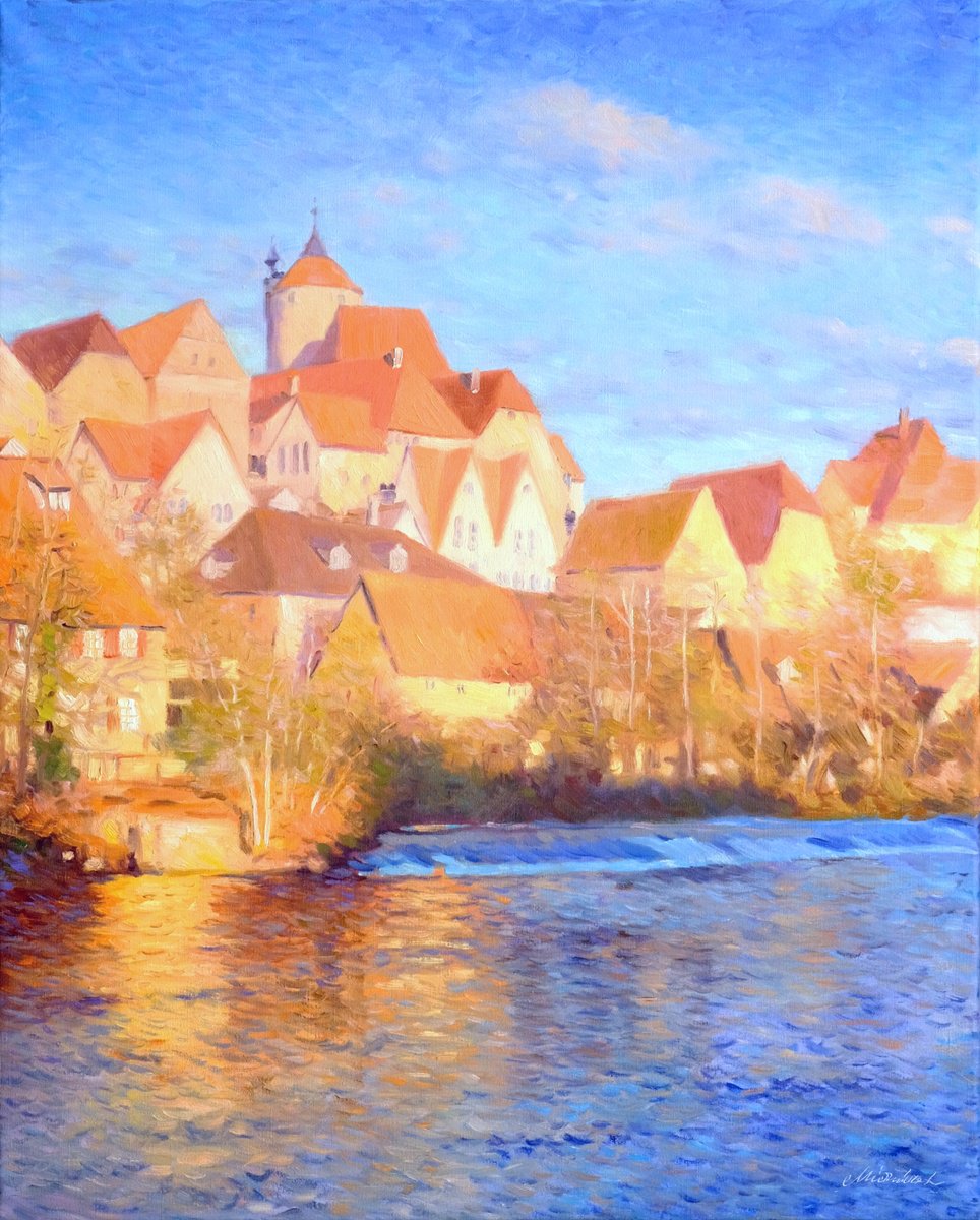 Impressionistic Landscape Oil Painting By Richard Mierniczak, 31 X 39", Besigheim At Sunset, Original Artwork