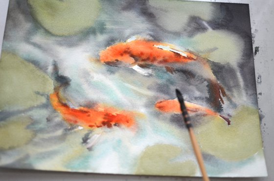 Koi fish in watercolor Bright natural pond