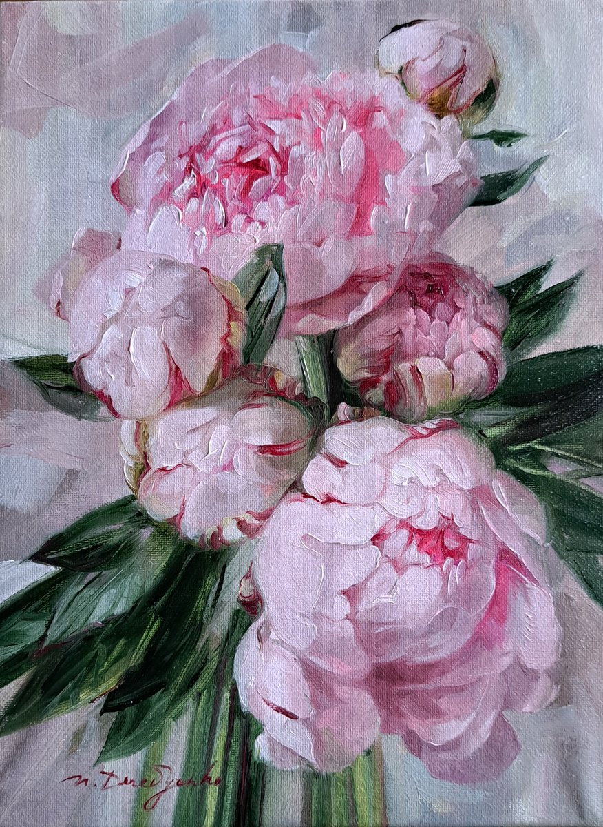 Impressionistic Botanical Oil Painting By Nataly Derevyanko, 7 X 9", Peonies, Original Artwork