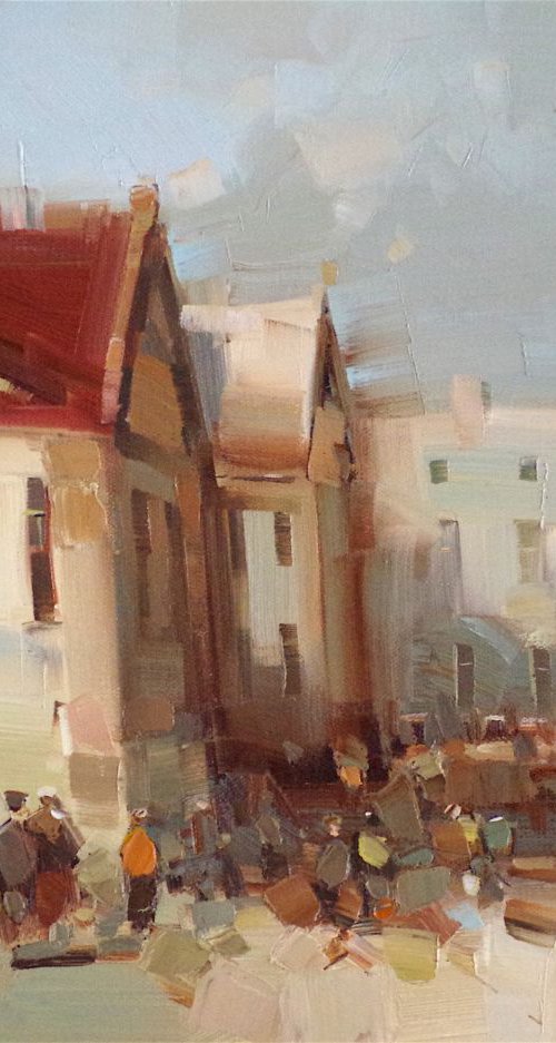 Cityscape, Figures on the Street, Original oil painting  Handmade artwork One of a kind, Signed by Vahe Yeremyan