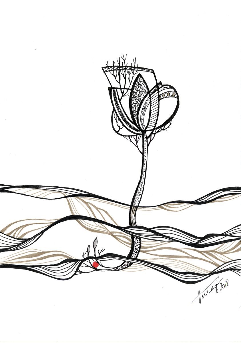 Organic Landscape Ink Drawing By Aniko Hencz, 6 X 8, The Seed 3, Original Artwork