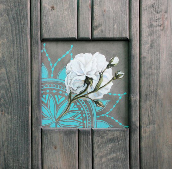 White rose painting wooden frame Mandala turquoise background Unusual wall art on canvas