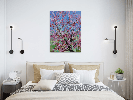 Flowering peach tree Original oil painting