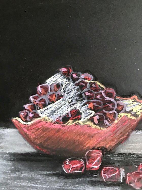 Pomegranates still life pastel drawing 27x39 cm