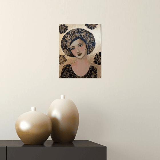 Adagio Gold: Female  icon on canvas 21x 27cm.