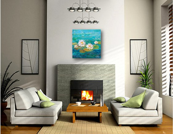 Water Lily Lake - Impasto Floral Art, Palette Knife Painting