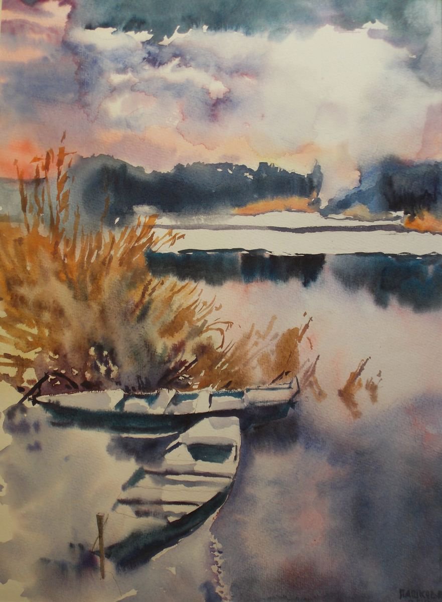 Impressionistic Landscape Watercolour By Yurii Pashkov, 17 X 22", Winter Evening, Original Artwork