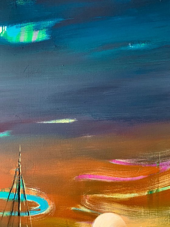 Big Vertical painting - "Orange sunset" - Boat - Sailboat - Seascape - Ocean - Sunset