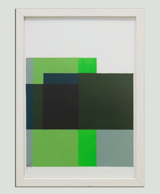 Diptych - Art on Paper - Incl Frame - Cubistic Modern Green - 27A