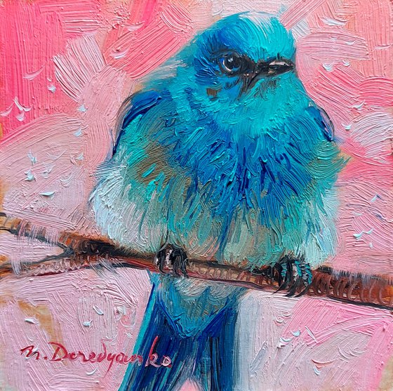 Mountain Bluebird painting original oil 4x4, Bluebird art illustration small artwork frame