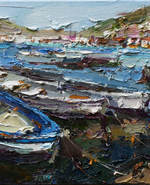 Boats in the bay - Original oil painting by Anastasiia Valiulina
