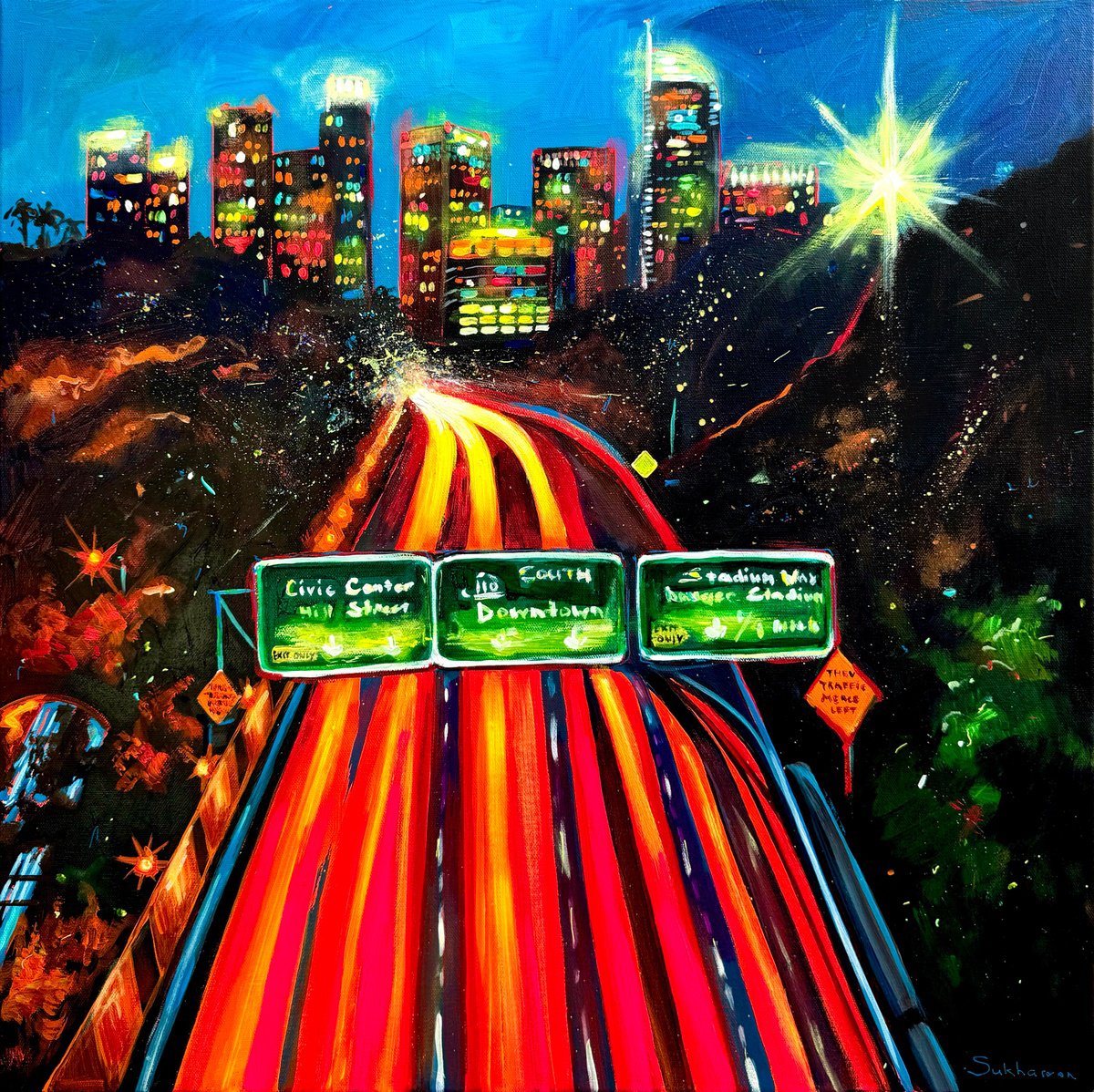 Impressionistic Cityscapes Acrylic Painting By Victoria Sukhasyan, 24 X 24", La Cityscape At Night, Original Artwork