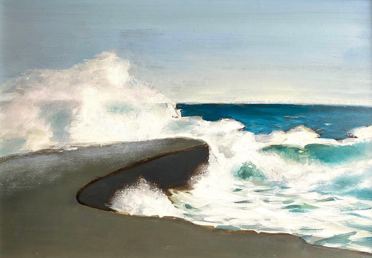 Impressionistic Landscape Oil Painting By Nigel Sharman, 18 X 14", Lyme Cobb Breaking Wave, Original Artwork