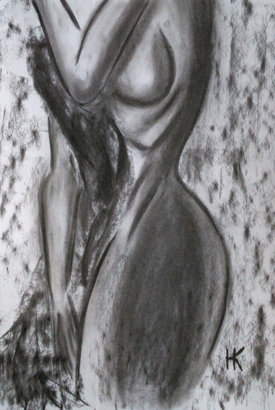 Female nude original charcoal drawing on paper