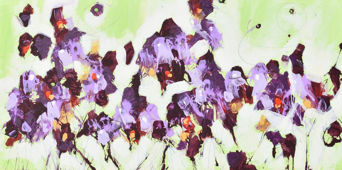 Abstract Landscape Acrylic Painting By Cynthia Ligeros, 20 X 10, Purple Twilight Flowers, Original Artwork