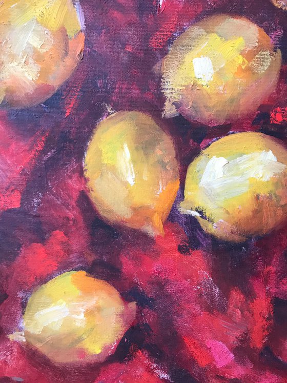 Ripe lemons on red silk.  Still life, gift, original, contemporary.