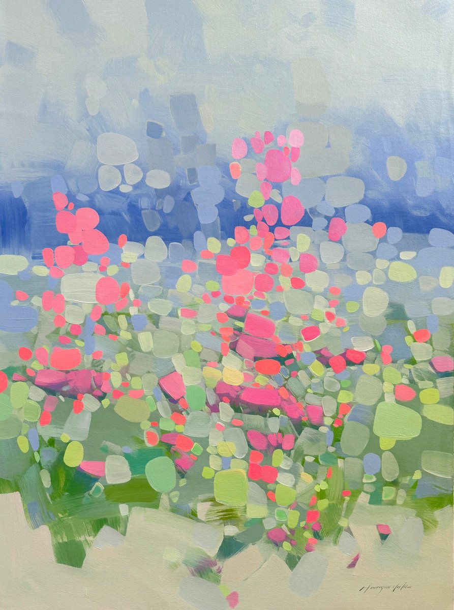 Impressionistic Landscape Oil Painting By Vahe Yeremyan, 32 X 44", Meadow Breeze, Original Artwork