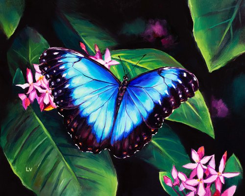 Blue butterfly and pink flowers by Lucia Verdejo