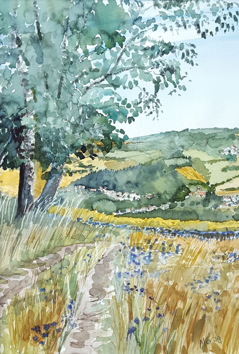 Impressionistic Landscape Watercolour By Morag Paul, 20 X 28", Track Over The Hill, Original Artwork