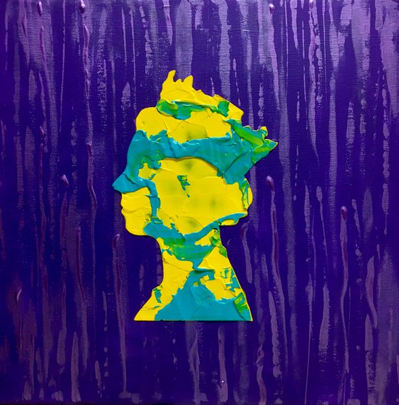 Queen # 82 on purple, yellow and blue MARBLE PATTERN PAINTING INSPIRED BY QUEEN ELIZABETH PORTRAIT