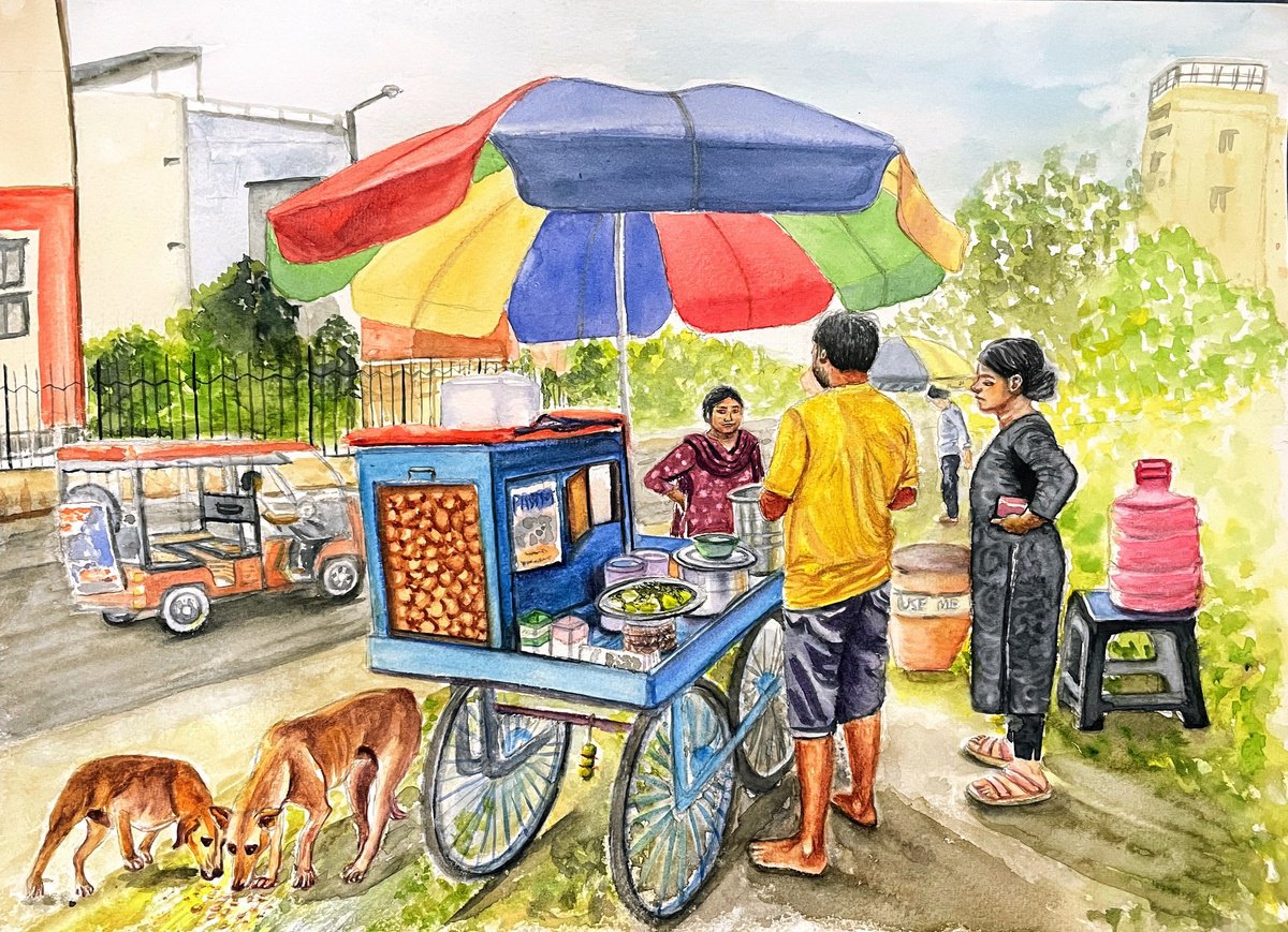 Impressionistic Landscape Watercolour By Neha Soni, 16 X 12", Indian Street, Original Artwork