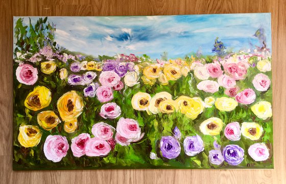Large size WHITE PINK YELLOW PURPLE  ROSES in a Greenwich rose garden palette  knife modern still life  flowers office home decor gift