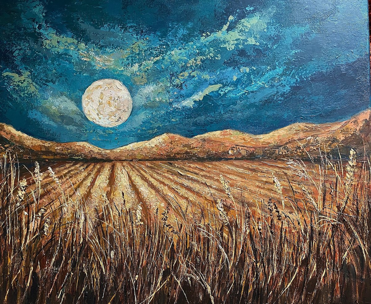 Impressionistic Landscape Acrylic Painting By Colette Baumback, 24 X 20, Harvest Moon, Original Artwork