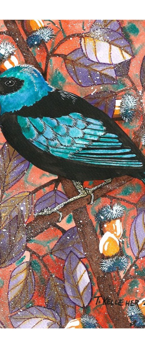 Black Bird with Aqua Wing by Terri Smith