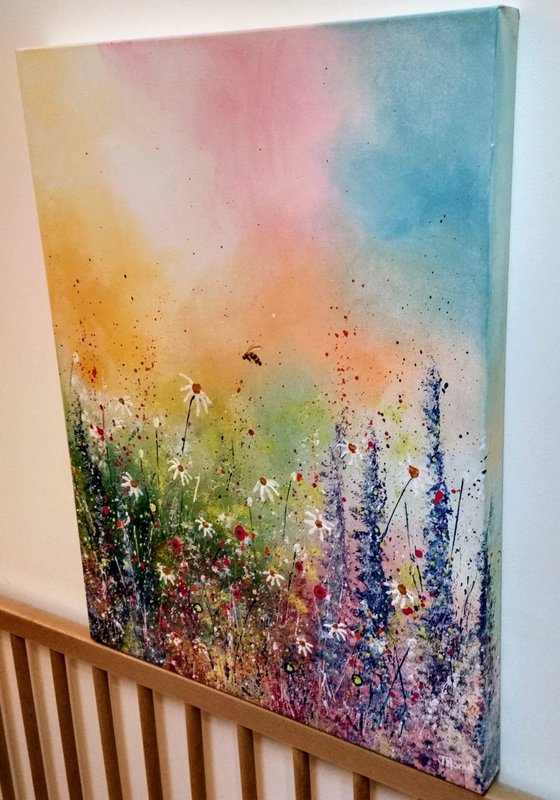 The first bee of summer - wildflower meadow painting
