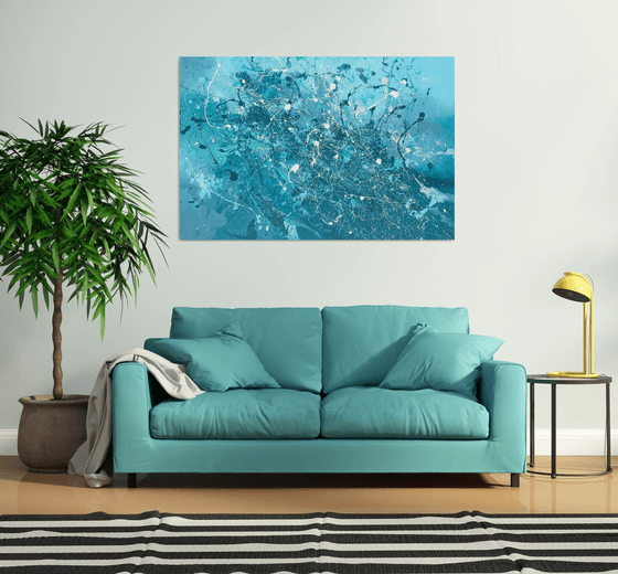 Splashy Waves 10 - XXL LARGE ABSTRACT TURQUOISE PAINTING, FULL OF MOVEMENT. LARGE STATEMENT PIECE, READY TO HANG!