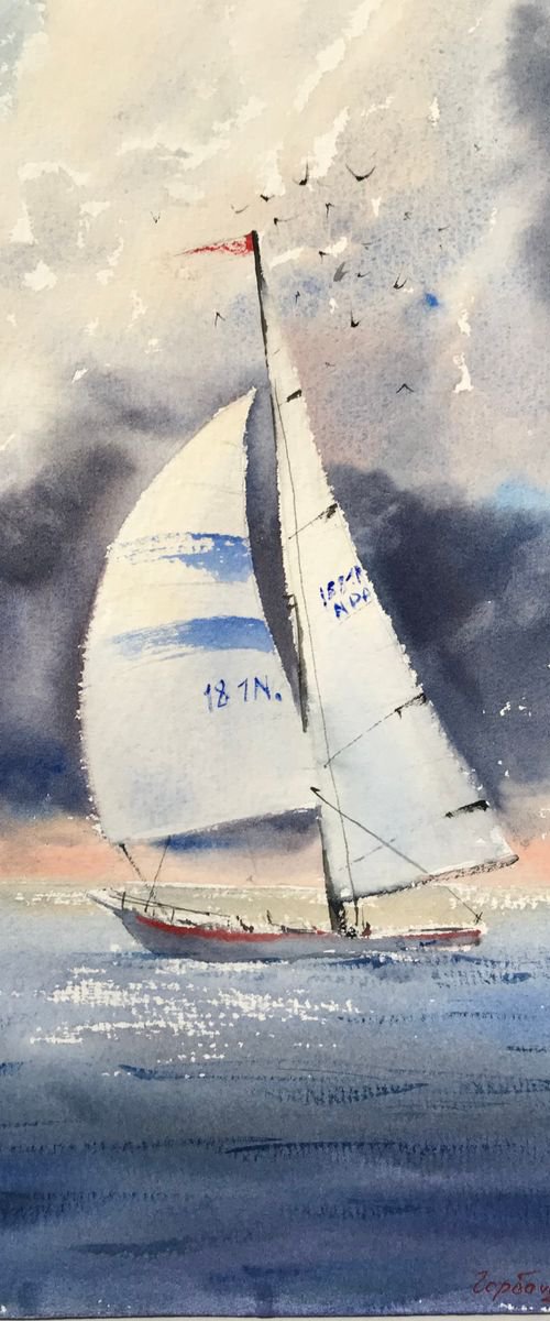 Sailing yacht before a storm by Eugenia Gorbacheva