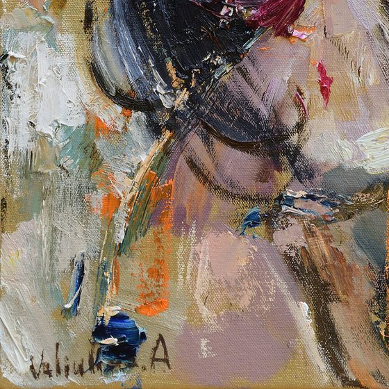 Abstract girl with flowers - Original oil portrait painting