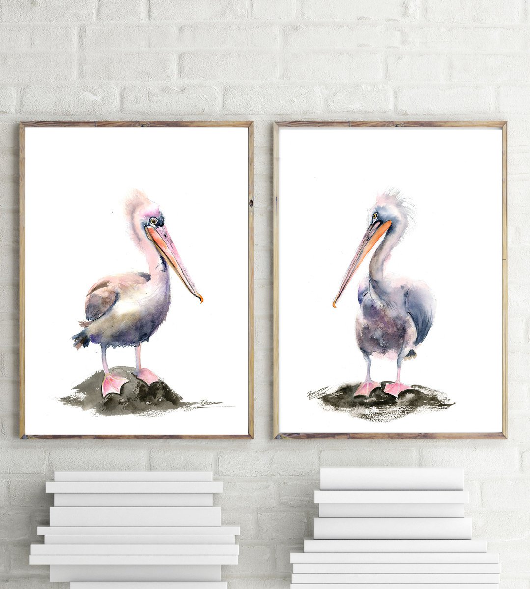 Illustrative Animal Watercolour By Olga Tchefranov (Shefranov), 20 X 14", Pelicans Diptych, Original Artwork