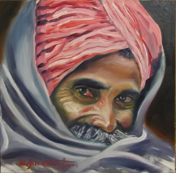 'A SHY RAJHASTAN SHEPHARD' - Oil Painting on Panel