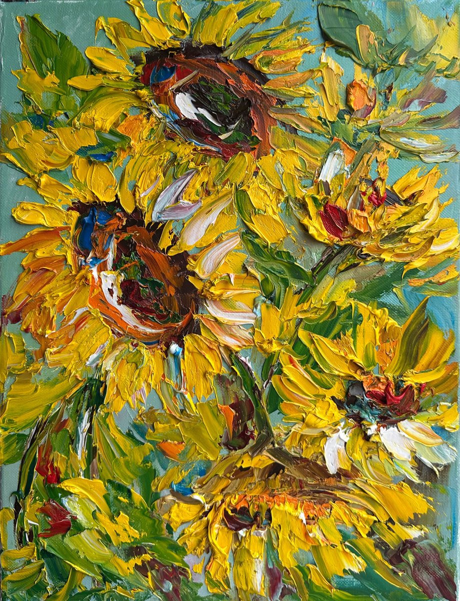 Impressionistic Botanical Oil Painting By Oksana Fedorova, 12 X 16", Sunflowers Art, Original Artwork