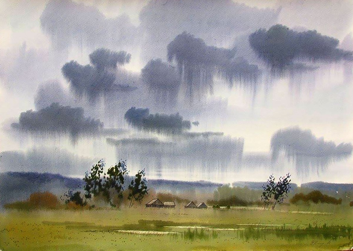 Impressionistic Landscape Watercolour By Valeriy Savenets-1, 28 X 20", Windy Day, Original Artwork
