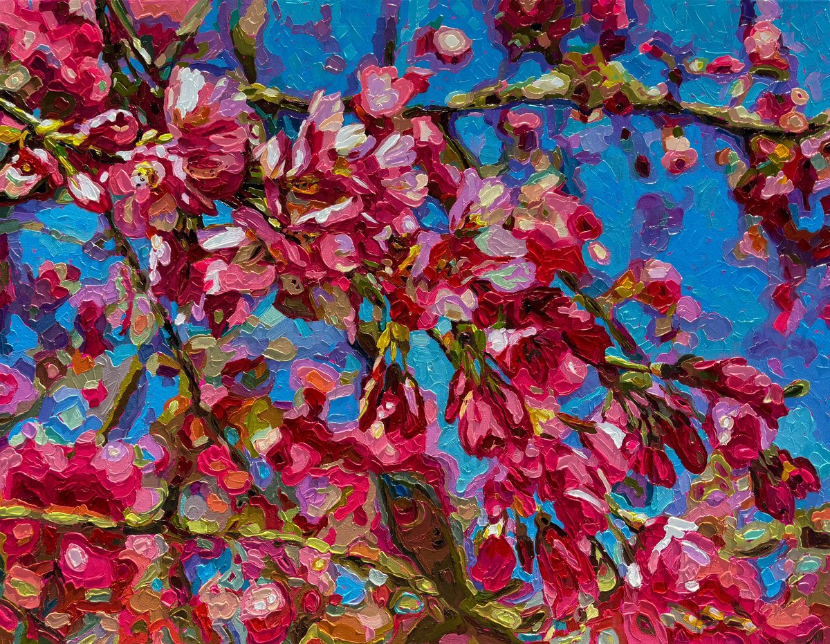 Impressionistic Landscape Oil Painting By Irinagoldenfish, 37 X 29, Almond Blossoms, Original Artwork