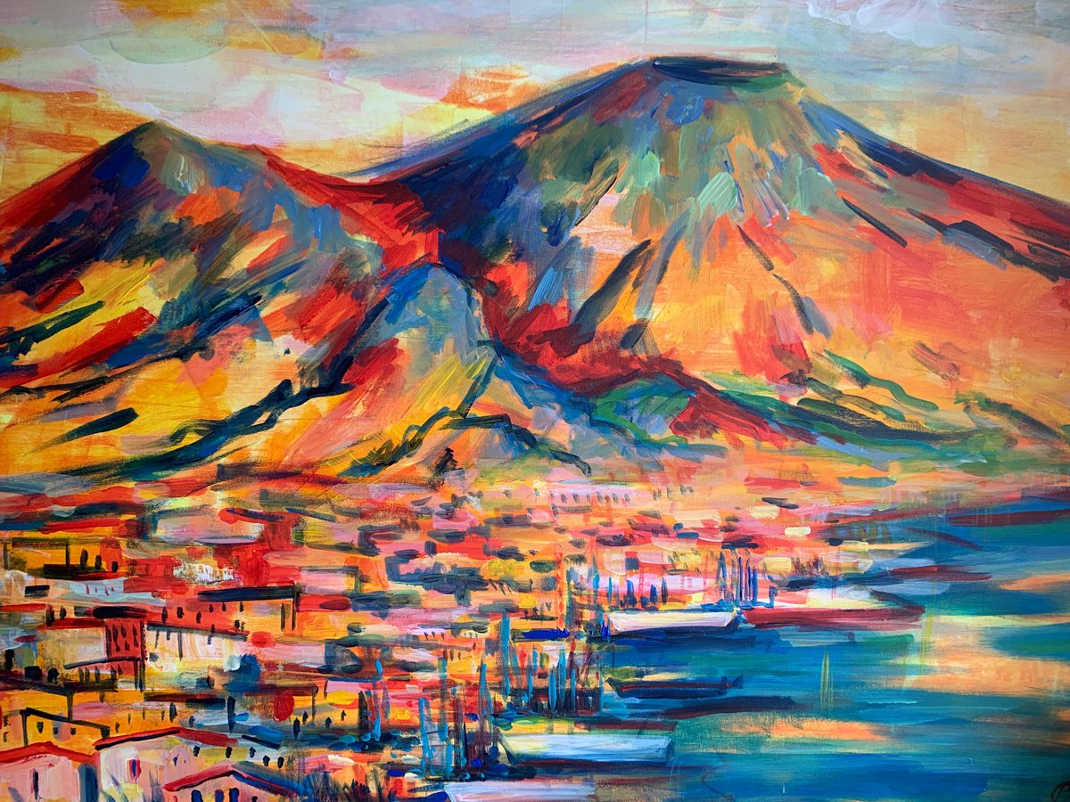 Impressionistic Landscape Acrylic Painting By Olga Pascari, 39 X 31", Vesuvio Napoli, Original Artwork