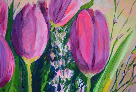 Pink tulips acrylic painting, flower wall art, gift for her