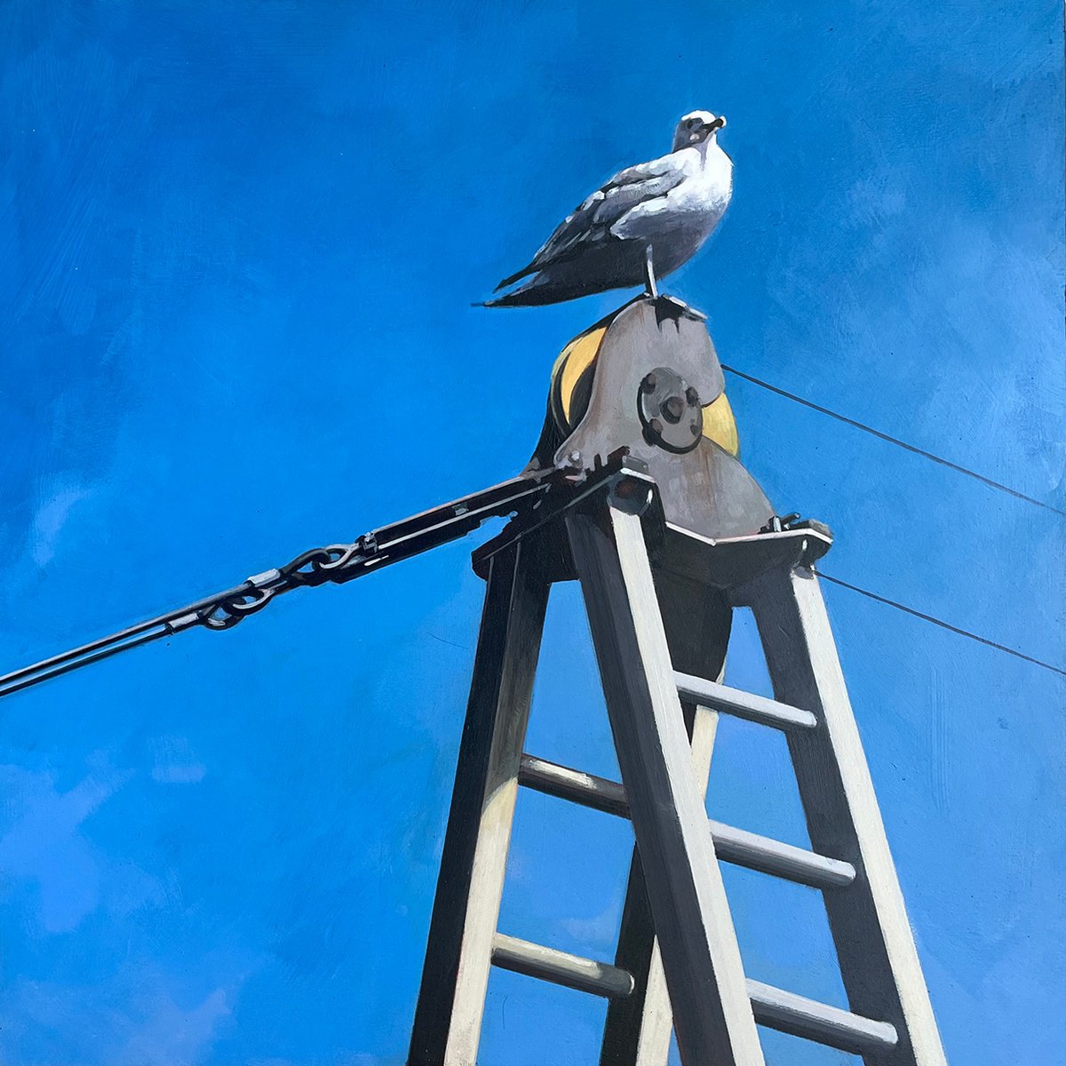 Impressionistic Animal Acrylic Painting By Andrew Morris, 12 X 12, Bird And Pulley, Original Artwork
