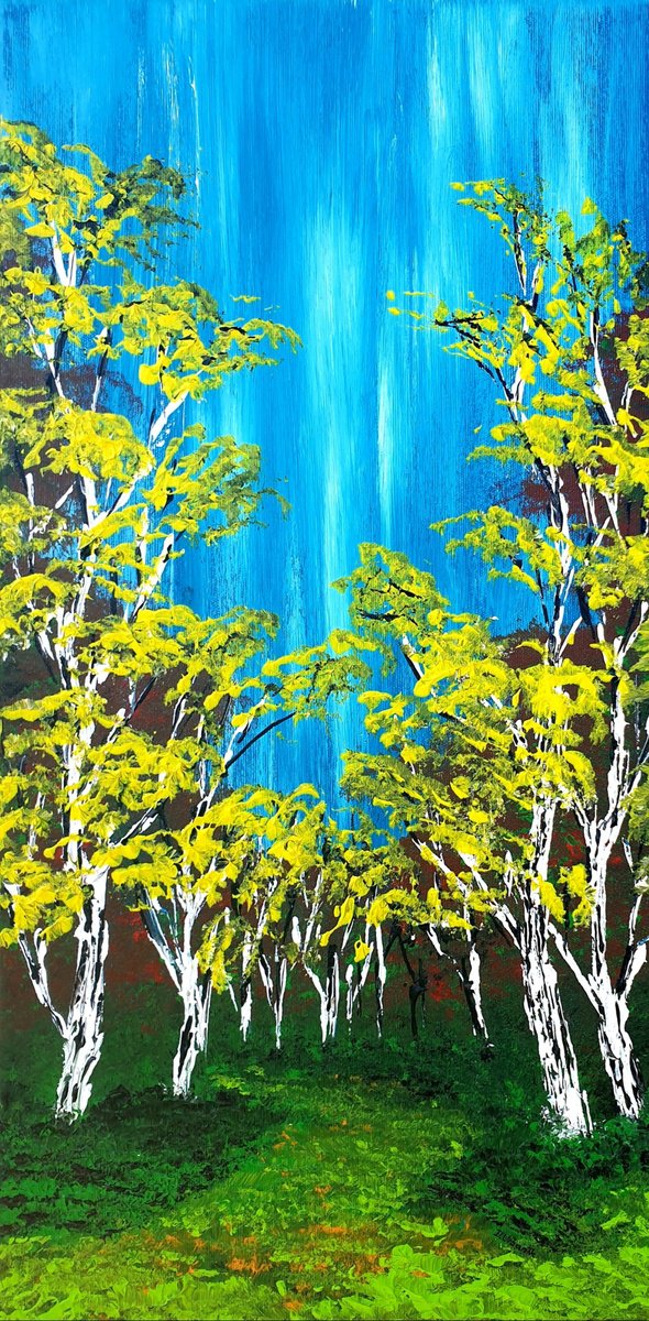 Impressionistic Landscape Acrylic Painting By Daniel Urbani?k, 12 X 24, Heavenly Birches 4, Original Artwork
