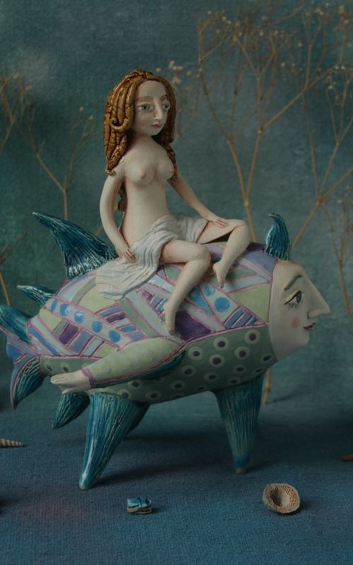 Girl riding the moon fish. Sculpture by Elya Yalonetski, 2018 by Elya Yalonetski