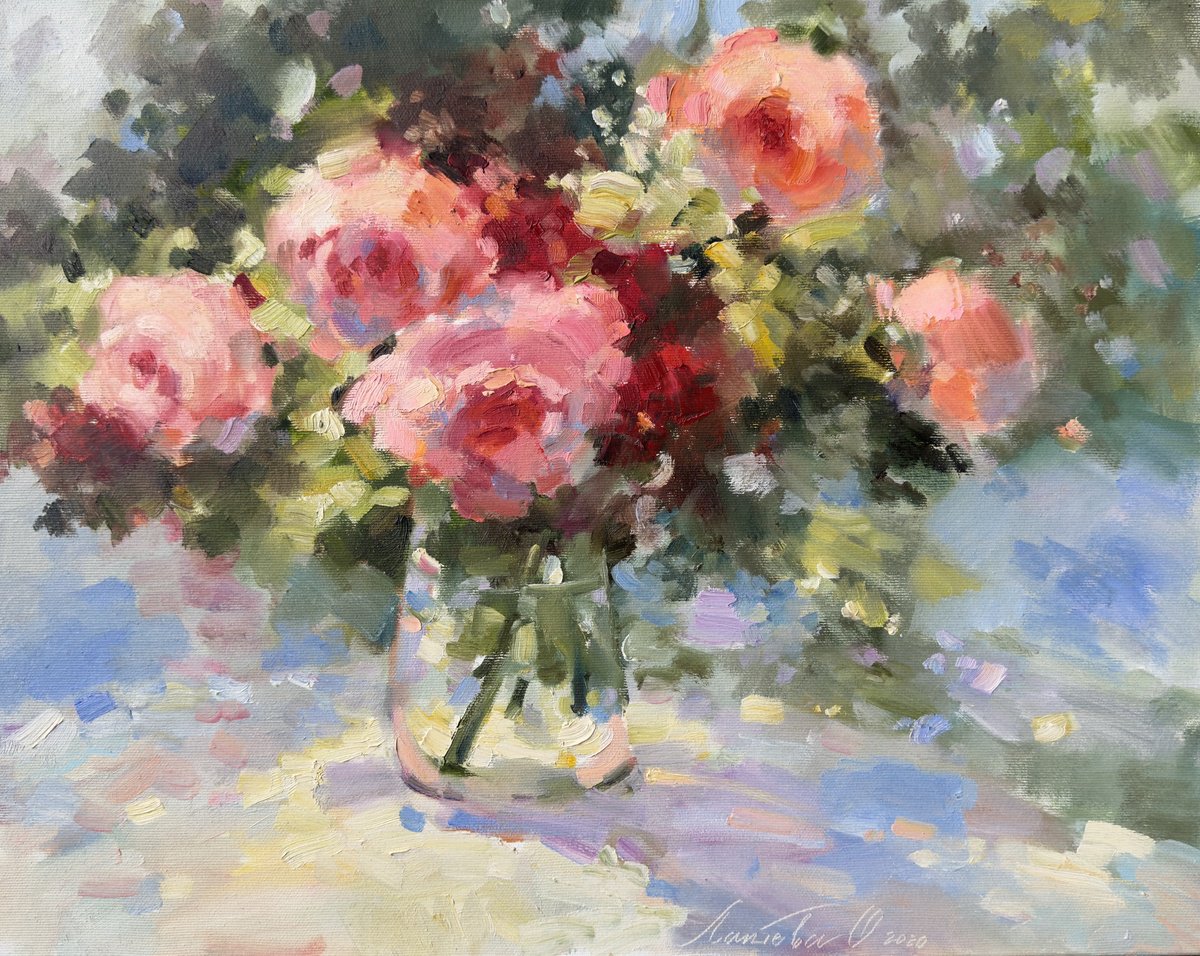 Impressionistic Botanical Oil Painting By Olha Laptieva, 20 X 16", Roses Are My Favorite Flowers, Original Artwork