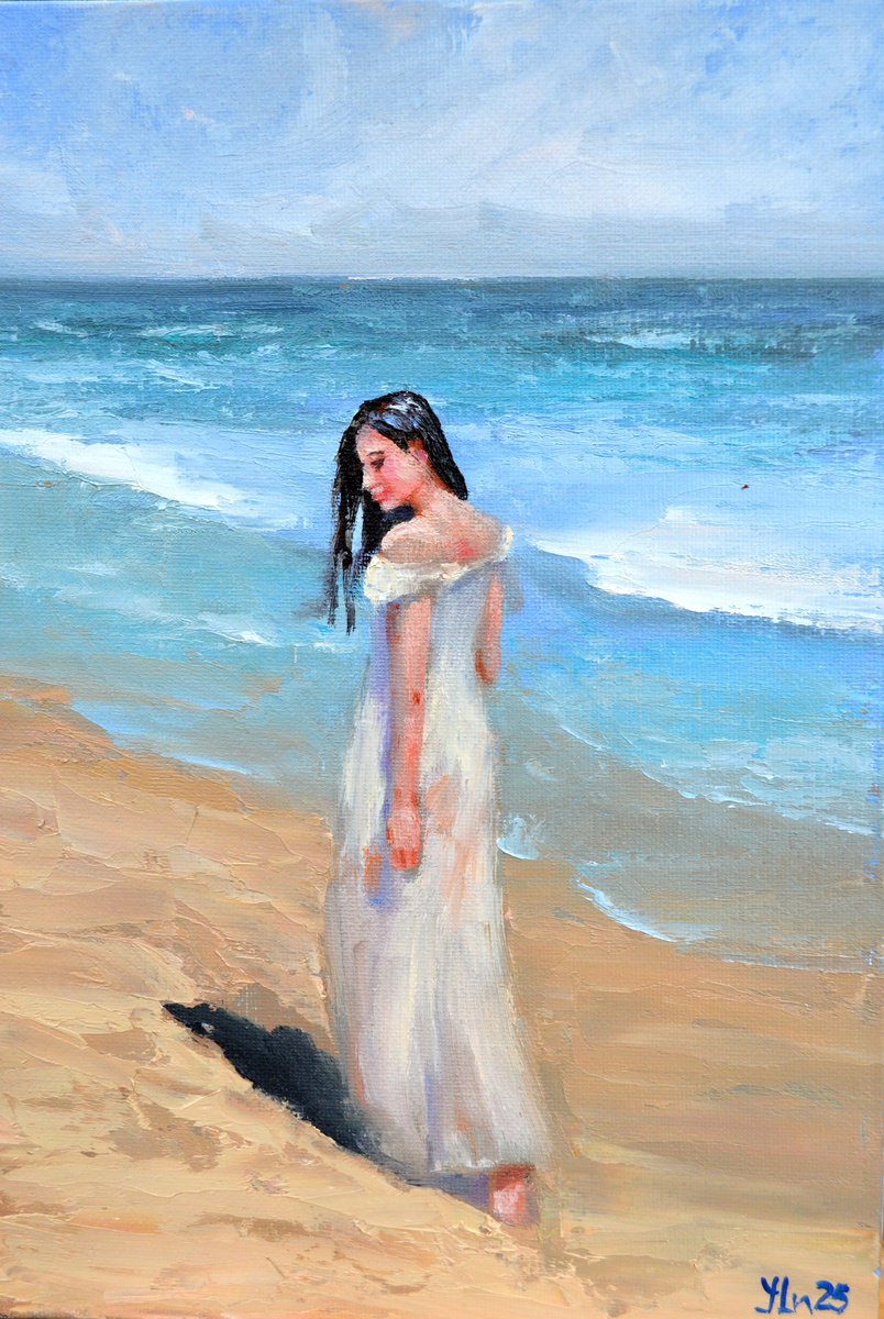 Expressive Landscape Oil Painting By Elena Lukina, 8 X 12, In Solitude By The Sea, Original Artwork