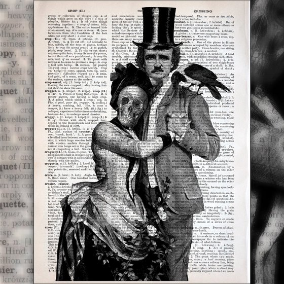 Edgar Allan Poe And Lady Skull - Collage Art Print on Large Real English Dictionary Vintage Book Page