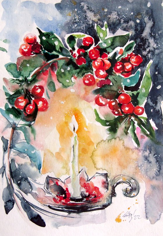 Still life with candle and red berries