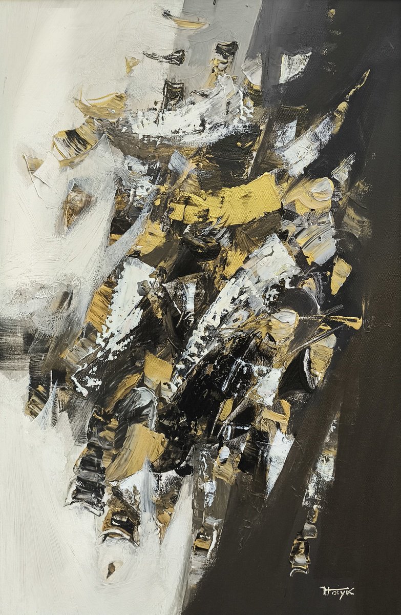 Abstract Oil Painting By Hayk Miqayelyan, 20 X 28, Echoes In Gold And Black, Original Artwork